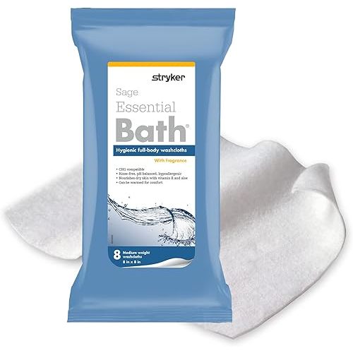 Stryker - Sage Essential Bath Cleansing Washcloths - 30 Packages, 240 Cloths - Fresh Scent, No-Rinse Bathing Wipes, Ultra-Soft and Medium Weight Cloth, Hypoallergenic