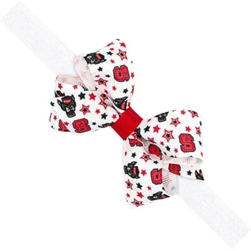 Wee Ones Divine Creations, Girls' Signature Collegiate Logo Print Grosgrain Hair Bow on Elastic Baby Band, One Size, NC State