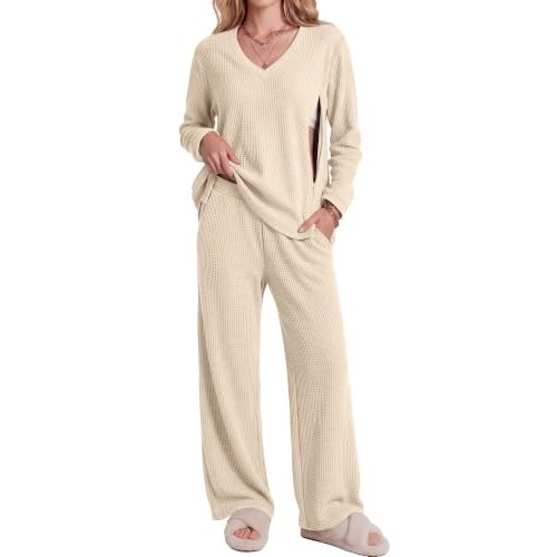 Locoowai 2 Piece Postpartum Nursing Waffle Knit Sets | Maternity Breastfeeding Pajamas, Moms Lounge Outfits, Women Long Sleeve Shirts, Hidden Zipper Sweater, Pregnancy Pants Pocket