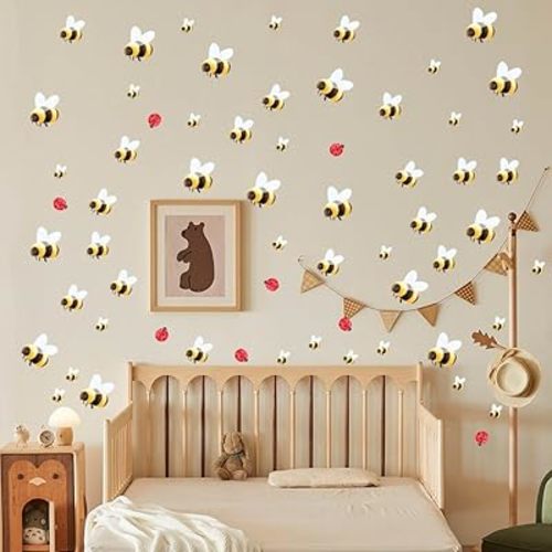 Bumble Bees and Ladybugs Wall Stickers，Removable Honey Bee Clings Mural Decals，Honey Bees Art Decals Honey Ladybugs Wall Embellishments Clings,for Nursery Kid Room Baby Bedroom Decor.