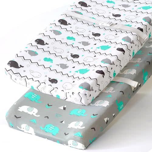 Stretchy Changing Pad Covers for Boys Girls,2 Pack Jersey Knit,Elephant & Whale