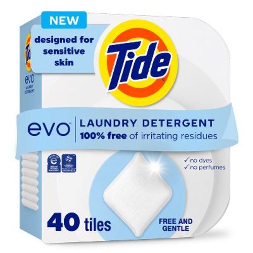 Tide Unscented Evo Free & Gentle HE Deep Cleaning Concentrated Laundry Detergent Tiles 40ct: Hypoallergenic, Dye-Free, Bleach-Free