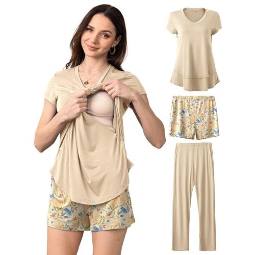 SUNNYBUY 3 PCS Maternity Breastfeeding Pajamas Set with Hidden Nursing Top | Looks Like a Regular Tee, Adjustable Pregnancy Shorts & Pants, Hospital Bag Essential, Postpartum PJS
