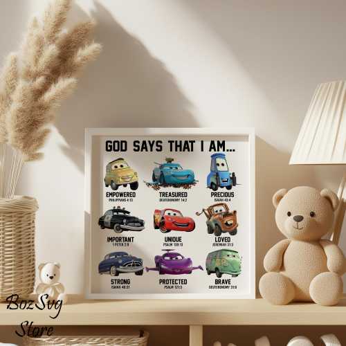 God Says That I Am Cars Wall Art, Christian Digital Print, Lightning McQueen Mater Bible Verse Nursery Decor, Christian Kids Room Decor