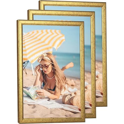 3 pack Wood 16x24 Frame Gold, Ornate Natural Wooden 24x16in Picture Frame, Modern Golden 16 x 24in Gallery Photo Pic Frame with HD Plexiglass, Horizontal Vertical Wall Mounting Set of 3