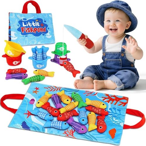 Montessori Toys for 1 Year Old Boy Girl Birthday Gift - Toddler Toys Cloth Fishing Game with Stacking Cups 1-3 - Number Counting Color Sorting Learning Baby Toy 12-18 Months