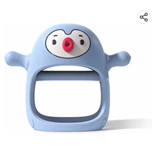 Smily Mia Penguin Buddy Never Drop Silicone Baby Teething Toy for 0-6month Infants, Baby Chew Toys for Sucking Needs, Hand Pacifier for Breast Feeding Babies, Car Seat Toy for New Born -light blue