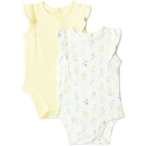 Amazon Essentials x Sofia Grainge Baby Girls' Cotton Ruffle Sleeve Bodysuit with Embroidered Detail, Pack of 2