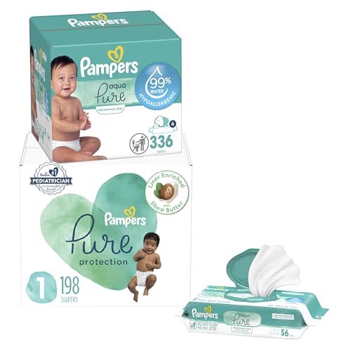 Pampers Pure Protection Disposable Baby Diapers Size 1, One Month Supply (198 Count) with Aqua Pure Baby Wipes, 6X Pop-Top Packs (336 Count)