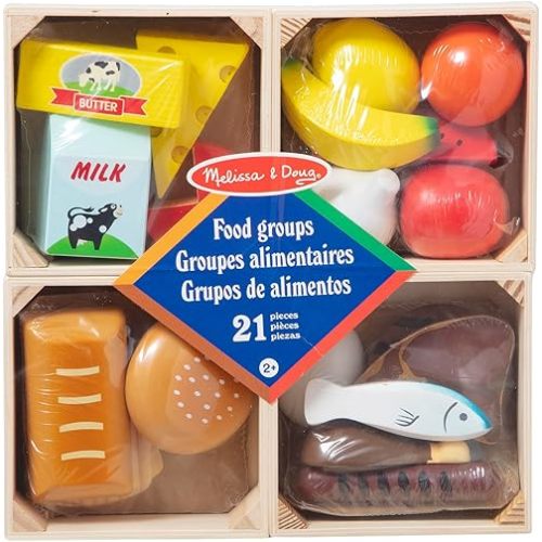 Melissa & Doug Food Groups - Wooden Play Food, The Original (Pretend Play, 21 Hand-Painted Wooden Pieces and 4 Crates, Great Gift for Girls and Boys - Kids Toy Best for 3, 4, 5, and 6 Year Olds)