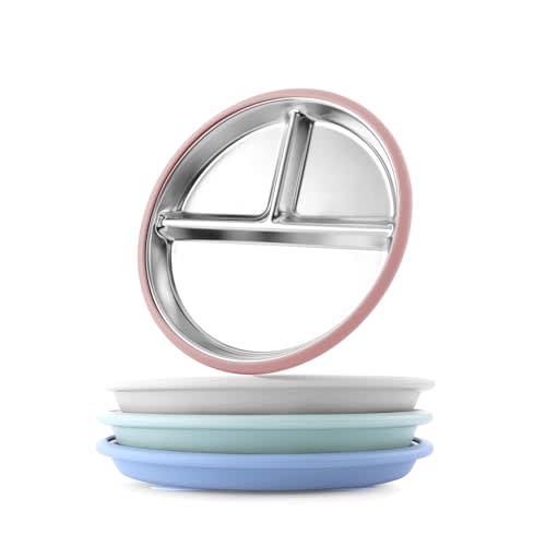 Bakpoco Stainless Steel Toddler Plate with Suction, 8” Divided Plates with Removable Silicone Sleeves for Baby, Non Toxic Unbreakable Kids Snack Dishes Set of 4, Sage Blue Gray Blush