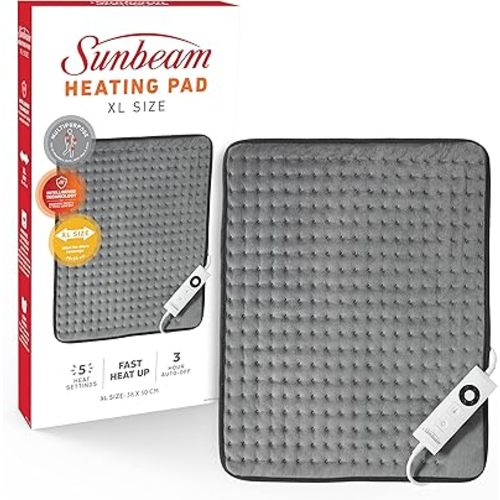 Sunbeam Multipurpose Electric Heating Pad XL |38x50cm, Wide Coverage, 5 Heat Settings to Soothe Muscles, Fast Heat-Up, Consistent Temperature, Soft Washable Fabric, Wellness Product, Grey (HPM5100)