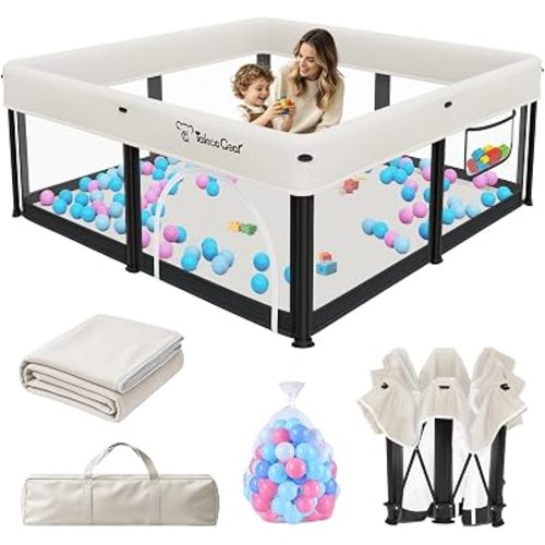 TOREVSIOR Foldable Baby Playpen with Mat, 50"×50" Collapsible Play Pen for Babies and Toddlers, Indoor & Outdoor Kids Safety Play Pen, Portable Play Yard, Foldable Baby Playpen with 50 Ocean Balls