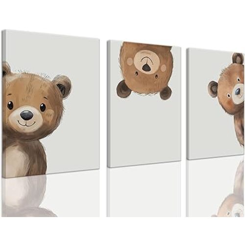 AOYUSMO 3 Piece Cute Bear Canvas Wall Art for Nursery Funny Animal Wall Art Bear Pictures Kids Minimalist Prints Decor for Children's Room Bedroom 12"X16" Framed