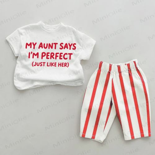 MY AUNT SAYS I'M PERFECT (JUST LIKE HER) Baby Toddler Red Vertical Striped 2-piece Set