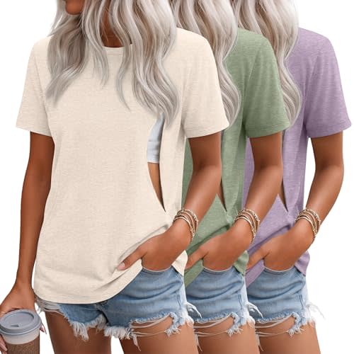 3 Pack Women's Nursing Shirts for Breastfeeding with Zippers Maternity Loose Short Sleeve Tops Pregnancy Clothes