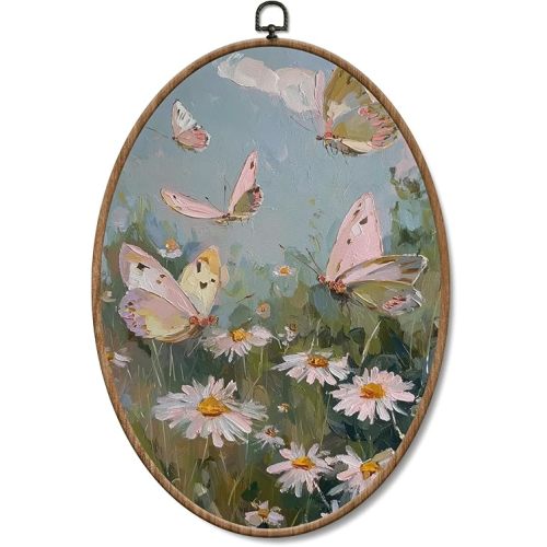 Yorhifa Pastel Butterfly Framed Wall Art, Rustic Spring Daisy Meadow Oval Wall Art, Cottagecore Flower Botanical Oval Walls Decor, Country Landscape Canvas Artwork Hanging Decor, 8.5x11.5in
