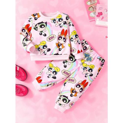 THE POWERPUFF GIRLS X SHEIN Baby Girl Rainbow, Blossom, Bubbles, Buttercup Pattern Pink Cute Casual Long Sleeve Crew Neck Sweatshirt And Pants Sports Suit Fall Winter | SHEIN USA