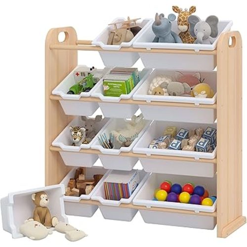 VECELO Kids Bookshelf Toy Storage with 12 Bins, Wooden Toy Rack for Toddlers, Large-Capacity Playroom Storage for Books, Toys, and Stuffed Animals, Natural Wood Finish