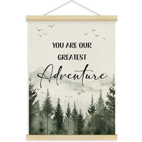 Fewgb Woodland Forest Mountain Wall Art Decor for Baby Nursery Kids Room Playroom, You Are Our Greatest Adventure Hanging Poster Framed Hanger, Sage Green Picture Prints 12x16