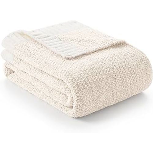 Snuggle Sac Buttery Ivory Throw Blanket for Couch, Reversible Super Soft Knitted Blankets, Warm Cozy Knit Fuzzy Plush Lightweight Throws Dupes for Sofa, Bed, Picnic, Ivory, 50 x 60 inches