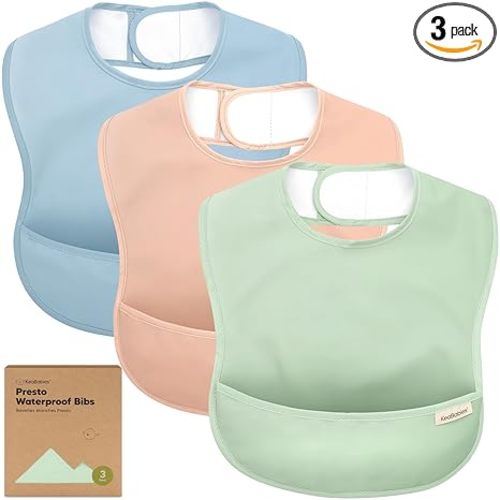 KeaBabies 3-Pack Waterproof Baby Bibs for Eating - Lightweight Toddler Feeding Bibs with Large Food Catcher, Mess Proof, Food-Grade Baby Eating Essentials, Easy to Put On & Clean (Mellow)