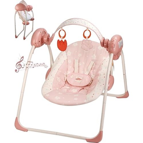 Baby Swings for Infants, Tiny Marvels Portable Swing with Adaptable Speed, Music, Removable-Toy-Bar, Foldable Infant Swing for Indoor and Outdoor Use, 0-9 Months 6-20 lbs(Blush Bloom)