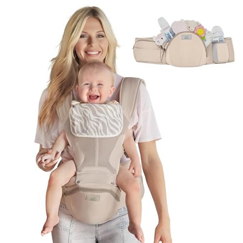 MOMTORY StowNGO Pro Safety-Certified Ultra Storage Baby Carrier, Khaki | Plus Size Friendly, 6 Carry Positions, Front & Back, Baby Carrier With Hipseat, Fits 7-50lbs Newborn To Toddler