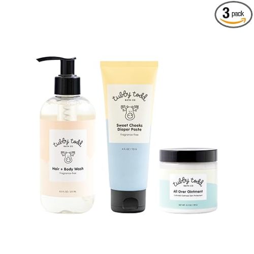 TUBBY TODD Baby Bundle Newborn Skin Care Set - Hypoallergenic Hair + Body Wash, All Over Ointment with Colloidal Oatmeal, Sweet Cheeks Diaper Paste - Fragrance Free, Standard Size