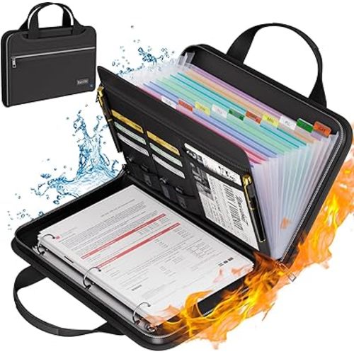 Tamfile Fireproof Accordion File Organizer with Handle, 13 Pocket Expanding File Folder with Zipper & Labels, File Folder with 3 Ring Binder, Multi Pockets Paper Organizer Folder for Letter A4 Files