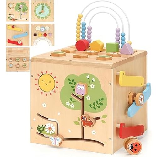 Wooden Activity Cube 9-in-1 Montessori Busy Board Toy | Educational Sorting Play Center for 1+ Year Old Toddlers | First Birthday for Boys Girls