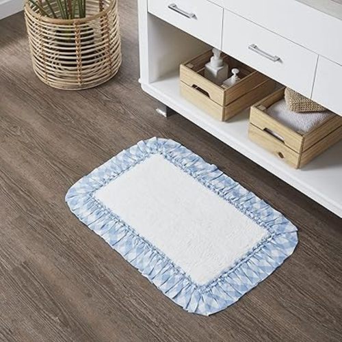 VHC Brands Annie Buffalo Check Bath Mat Farmhouse Ruffled Country Checkered Gingham Bathroom Decor, Blue, 20x30