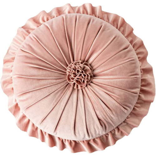 NAMZI Round Throw Pillow with Ruffles, Pumkin Pleated Velvet Chair Cushion 3D Floral Decorative Floor Pillow for Sofa Bedroom Office Car (Pink,Diameter 14")