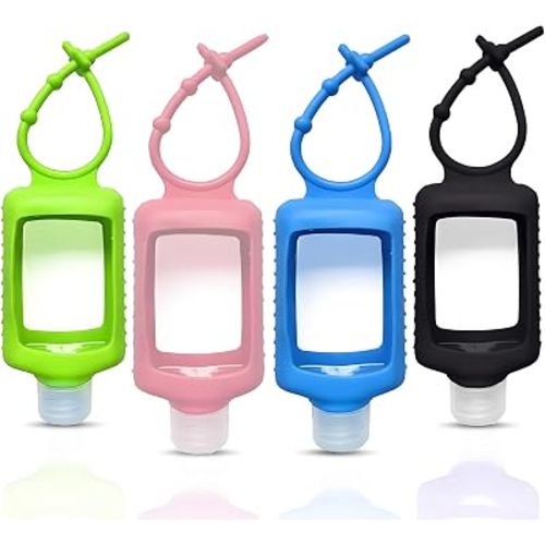 4 Pack Travel Size Plastic Clear Bottles w/Silicone Sleeve Refillable Empty Squeeze Containers Leakproof Flip Cap Keychain Bottles Hand Sanitizer Holder for Backpack Travel Outdoor (60ml/2oz)