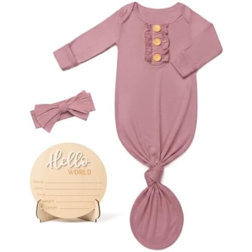 Newborn Knotted Sleepers Gown for Baby Girls with Ruffle, Infant Hospital Outfit Gown with Bow Headband & Announcement Sign