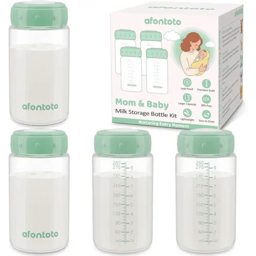 Breastmilk Storage Bottle Compatible with Momcozy Breast Milk Cooler 22oz, 4PCS Breast Milk Container for Fridge, Wide-Neck Baby Bottles for Pumping Fit Spectra/Motif Luna Flange, 9.5oz, Green