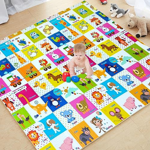 Baby Play Mat 79"×71", Mergren Extra Large Foldable Foam Floor Play Mat for Babies XPE Waterproof Crawling Mat, Anti-Slip,Toddlers, Infants, Reversible
