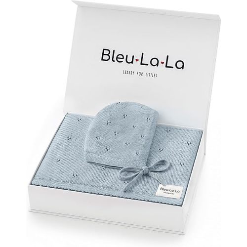 Organic Baby Blanket + Hat Gift Set for Boys - 100% Soft Luxury Cotton Receiving Swaddle Blanket + Bonnett Registry for Newborns & Infants (Powder Blue + Hat)