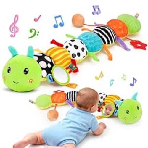 Baby Sensory Toy 0-6 Month Music Animal Stuffed Plush Caterpillar Toy for Infant 0-3-6-12 Month Old Tummy Time with Mirror Crinkle Rattle Toys for Newborn Boys Girl Shower Gifts Easter Basket Stuffer