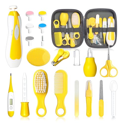 Baby Healthcare and Grooming Kit, 21pcs Baby Electric Nail Trimmer Set Newborn Nursery Health Care Set for Newborn Infant Toddlers Baby Boys Girls Kids Haircut Tools (21 Kits Yellow)