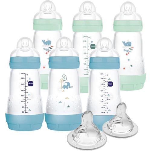 MAM 9oz Easy Start Anti-Colic Baby Bottles, Medium Flow with 2X Bonus Nipples (Fast and Extra Fast Flow), Reduces Colic, Gas, & Reflux, Easy-to-Clean, BPA-Free, 2 Plus Months
