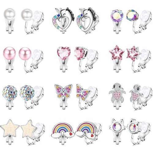BESTEEL 12 Pairs Clip on Earrings for Girls Women Non Pierced, Hypoallergenic Fake Earring Set with Soft Rubber Pads, Cat Rainbow Butterfly Star CZ Pearl Jewelry Gifts Silver Easter Basket Stuffers