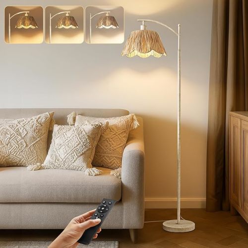Rattan Floor Lamp for Living Room with 3 Color Temperatures, Boho Floor Lamp for Bedroom with Remote & Dimmable Bulb, Farmhouse Standing Lamp for Reading, Antique White