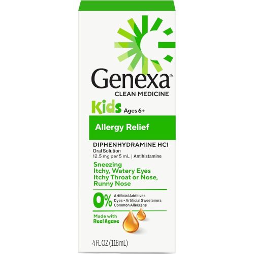 Genexa Kids Allergy Medicine | Clean Allergy Relief for Children | Diphenhydramine 4 fl oz | Treats Runny Nose, Sneezing & Itching | Vegan & Non-GMO | Organic Agave Syrup Flavor | Ages 6+