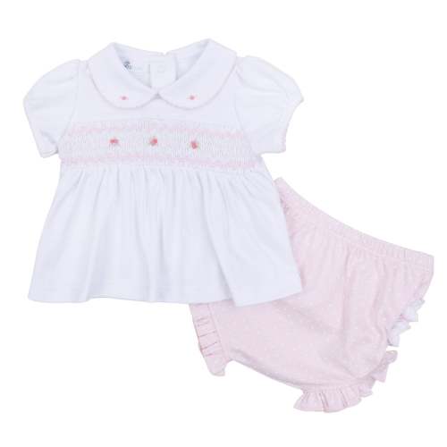 Mia's Classics Smocked Ruffle Short Sleeve Diaper Cover Set - Pink