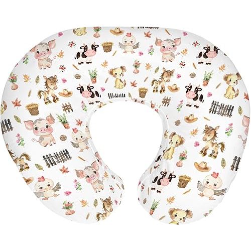 Cute Pastel Farm Animals Baby Nursing Pillow Covers for Boy Girl Farmhouse Pig Cow Chick Dog Meadow Nursing Pillowcase for Breastfeeding Pillows Farmland Soft Stretchy Slipcovers for Newborn Infant