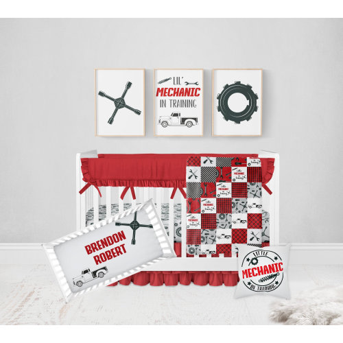 Mechanic Crib Bedding Set, Truck Baby Bedding, Boy Crib Bedding, Mechanic Nursery, Boy Nursery Bedding, Mechanic Nursery Bedding, Red, Black