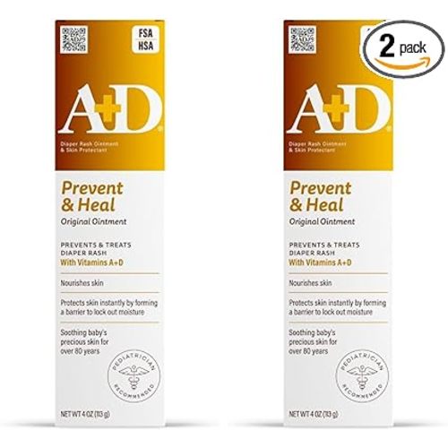 A+D Original Diaper Rash Ointment Prevents & Treats Diaper Rash, Moisturizing Skin Protectant with Vitamins A & D, Healing Skin-Ointment for Dry and Cracked Skin 4oz (Pack of 2)