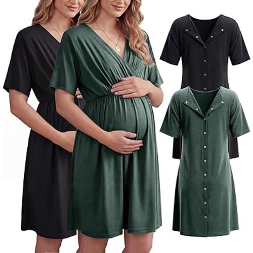 Cutecrop 2 Pack Labor and Delivery Gown for Hospital Maternity Nursing Short Sleeve Gown Button Back Birth Recovery Sleepwear