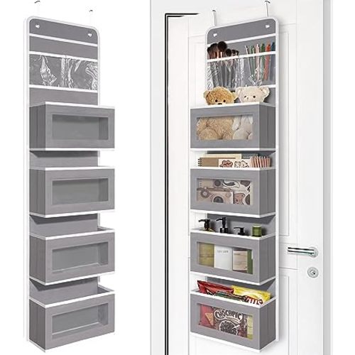 Over Door Organizer with 4 Large Capacity Pockets, Hanging Organizer Storage for Closet Bathroom Nursery Bedroom Dorm, Toys Cosmetics Sundries and Baby Essentials, Gray